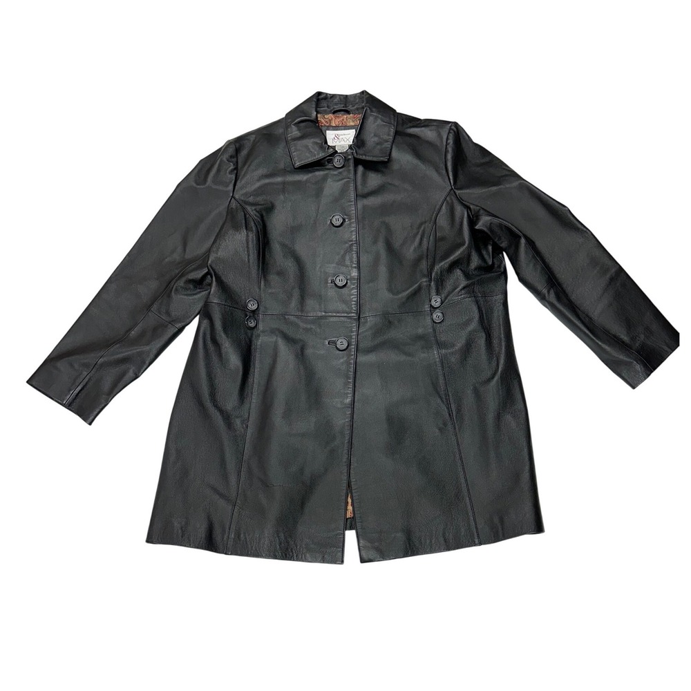 Madison & Max Leather Trench Coat Black Paisley Lined Button Front Jacket 2X